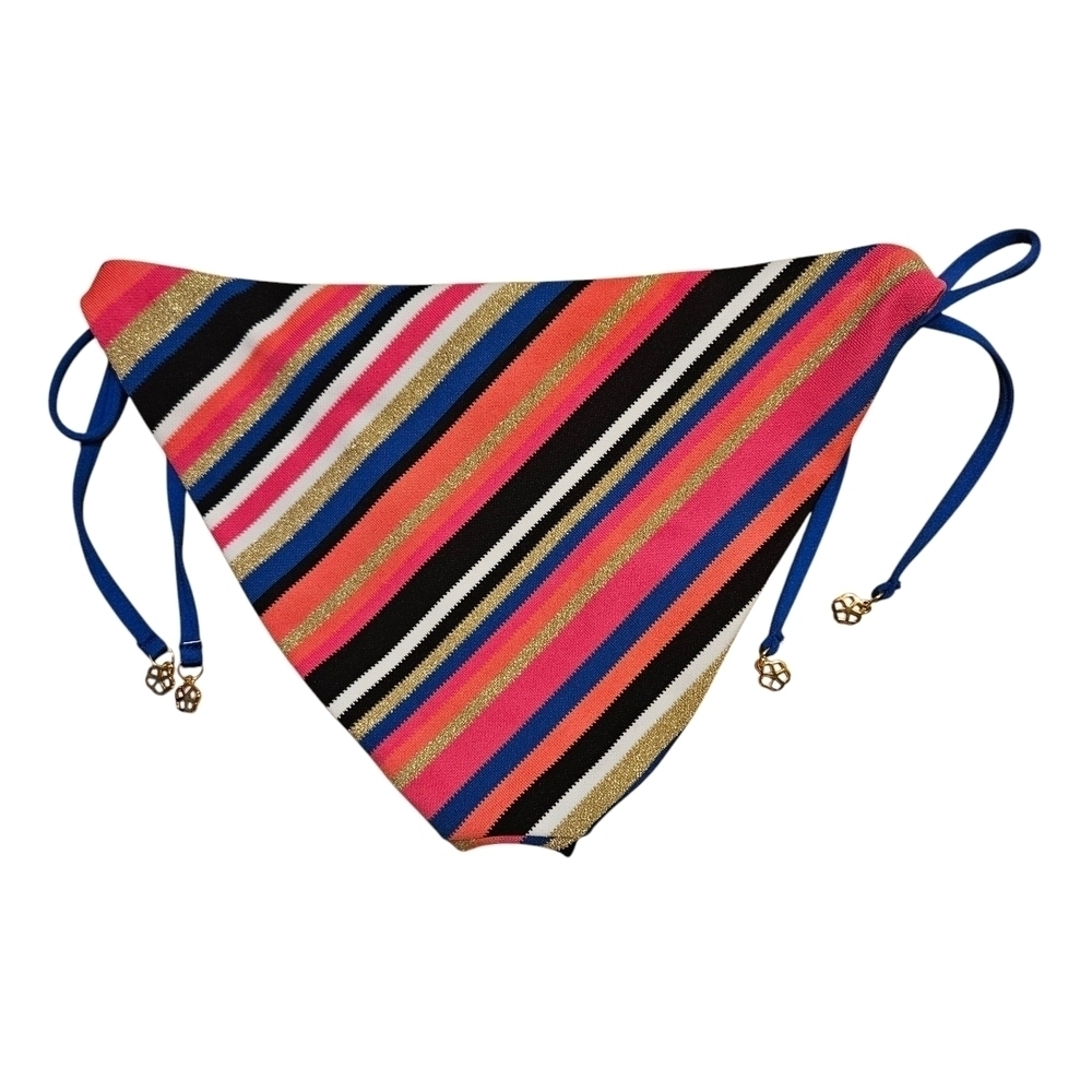 Trina Turk Lux Piqué Tie Side Pant Bikini Bottom Metallic Gold Blue Pink - Picture 7 of 17